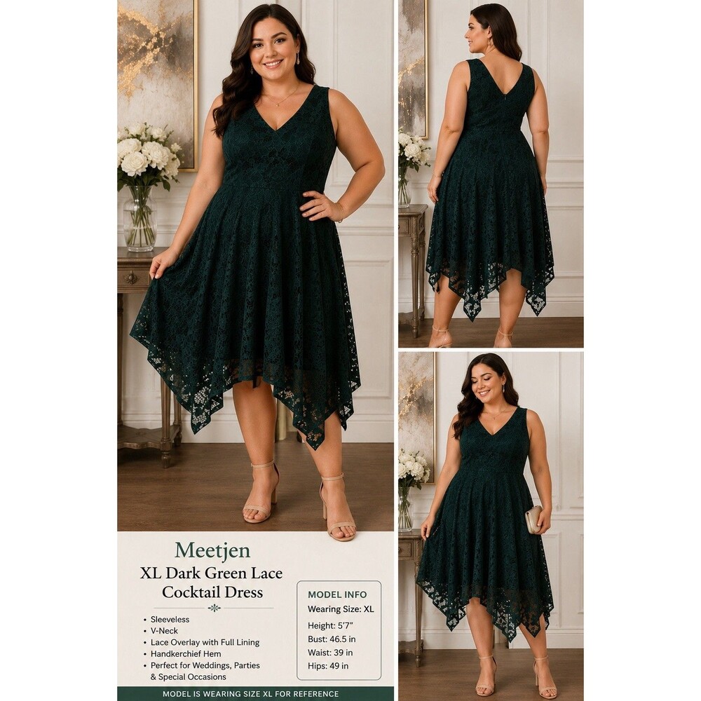 Meetjen XL Dark Green Lace Cocktail Dress Handkerchief Hem Sleeveless